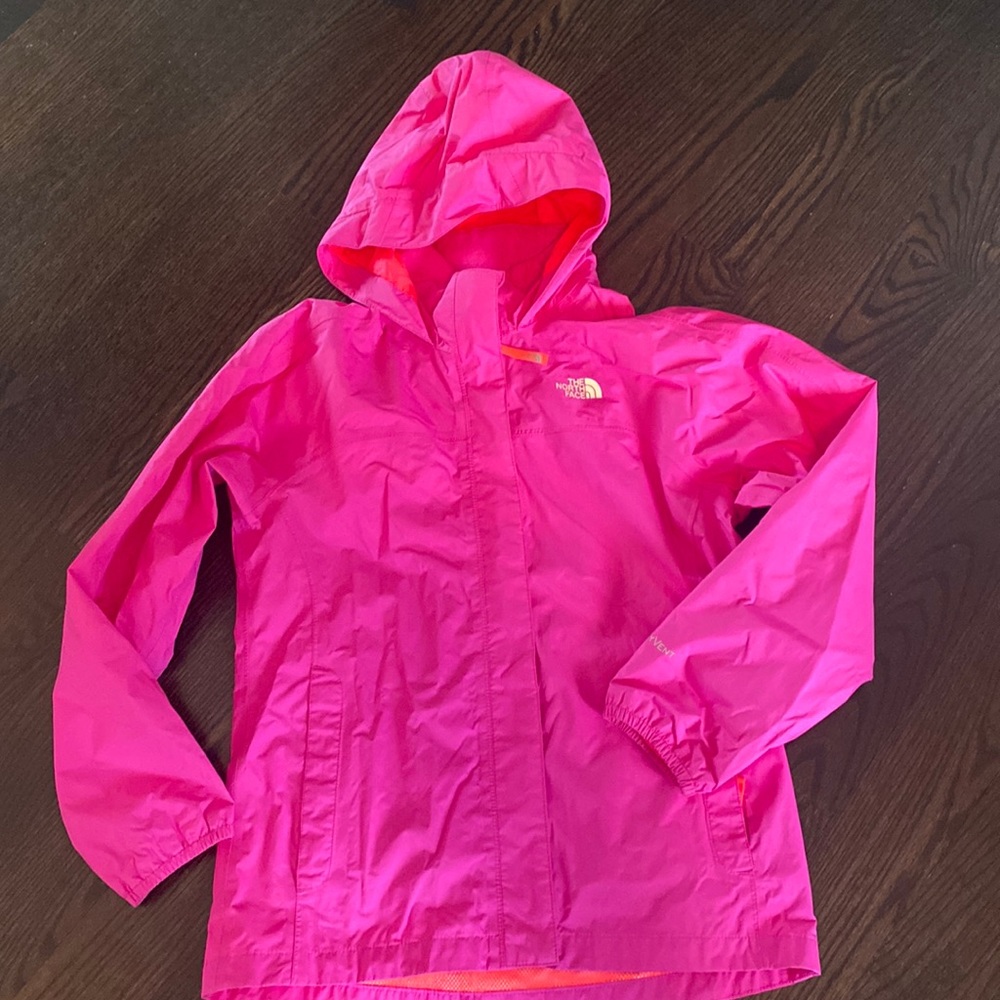 Girls The North Face pink rain jacket, size L 14-16, EUC.